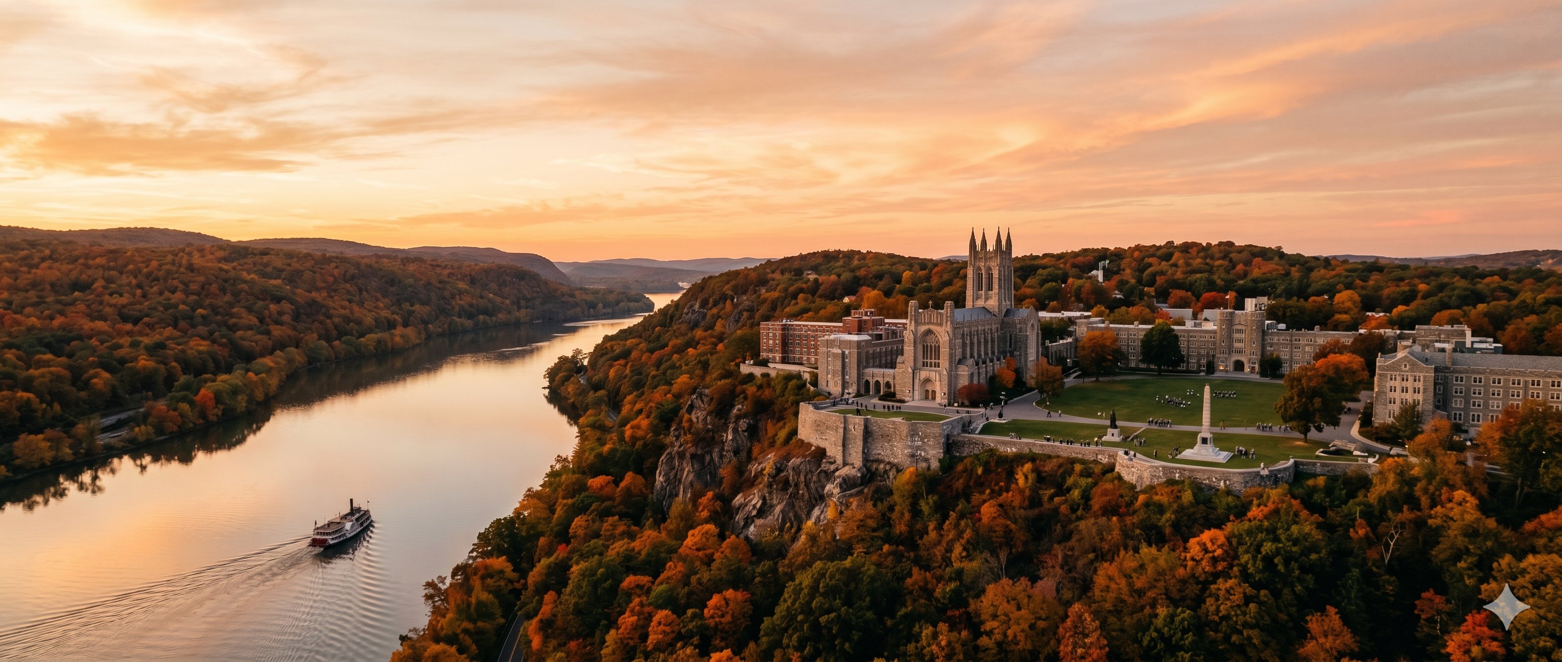 West Point Military Academy on the Hudson River at golden hour