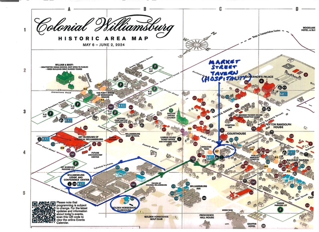 Colonial Williamsburg map with key locations